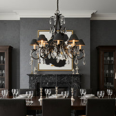 Arte De Mexico 12 Light Chandelier with Gunmetal Finish, Teardrop Crystals and Acanthus Leaf Details, Sku 033632