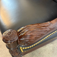 Hancock and Moore Black Leather Armchair Tufted Back Elaborate Wood Frame with Interlocked Coin Design, Sku 034126