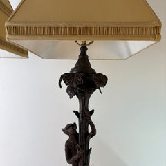 Pair of Bronze Table Lamps with Palm Tree & Monkeys, Beige Silk & Pleated Shade, Sku: 033089