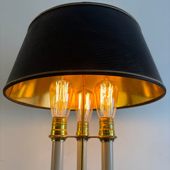 Stiffel French Style Bouillotte Lamp Three Sockets Black Hardback Shade has Reptile Texture and the Interior is Gold Foil, Sku 034147
