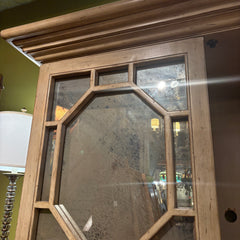 Wood and Smoked MIrror Armoire Rustic Taupe Finish with Octagonal Motif Interior Contains 3 Drawers and Open Shelving, Sku 034089