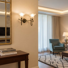 Sergio Terzani, Italian Wall Lights with Double Arm, White frosted Tulip Glass Globes, Sku 033514