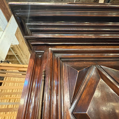 Extra Large Antique Wardrobe Cabinet, Wood Species is Unknown, Large Crown, Large Lower Drawer, 2 Doors Reveal Open Cavity, Carved Diamond Motif, Sku 033509