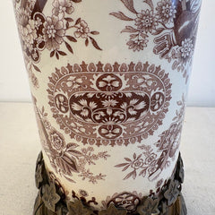 Antique Table Lamp Brown Transferware Porcelain with Elaborate Brass Filagree Detail Double Socket, Sku 034120