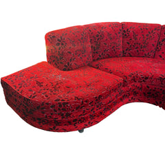 Vintage Sculpted Velvet Black & Red Floral Pattern Two-Piece Sectional Serpentine Shape, Turned Feet, Sku 033667