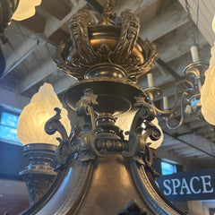 Antique Six-Arm Glass Flame Globe Chandelier, Brass, Sku 033704