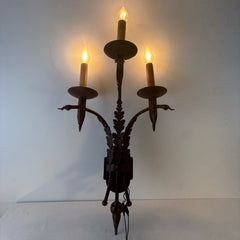 Pair of Three-Arm Wall Sconces Acanthus Leaf Detail, Rust Like Patina, Sku: 033332
