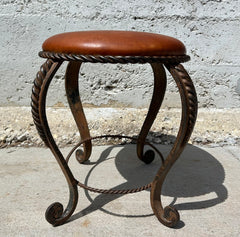 Ornate Oval Leather Top Foot Stool, Iron Base