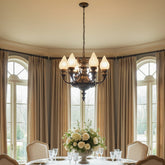 Antique Six-Arm Glass Flame Globe Chandelier, Brass, Sku 033704