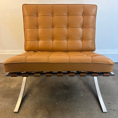 Barcelona Chair Designed by Mies van der Rohe in 1929 Polished Chrome Crisscross Base and New Hand Stitched Welted Carmel Brown Leather Squares, Sku 034141