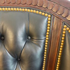 Hancock and Moore Black Leather Armchair Tufted Back Elaborate Wood Frame with Interlocked Coin Design, Sku 034126