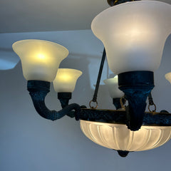 Corbett Chandelier, Six Arm, Bronze and Copper Frame, Frosted Glass Shades, Sku: 032980