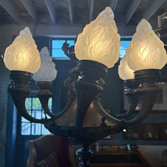 Antique Six-Arm Glass Flame Globe Chandelier, Brass, Sku 033704