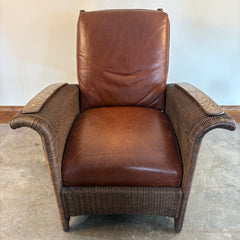 Restoration Hardware Deck Chair and Ottoman Dark Brown Wicker and Wood Arm Rests Cognac Leather Cushions Adjustable Pegs for Desired Reclining Position