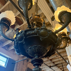 Antique Six-Arm Glass Flame Globe Chandelier, Brass, Sku 033704
