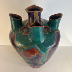 Santa Fe Pottery by Artist Elizabeth McKnitt, Floor Vase with Handle and 5 Openings Sku 033831