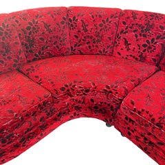 Vintage Sculpted Velvet Black & Red Floral Pattern Two-Piece Sectional Serpentine Shape, Turned Feet, Sku 033667
