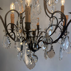 Antique French Six Arm Bronze & Crystal Chandelier w/ Clear & Mocha Colored Crystals, Sku 033733