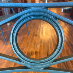 Pair of Neoclassical Style Cast Aluminum Patio Arm Chairs in Sea Green, With Weave Style Seats, Sku: 033758