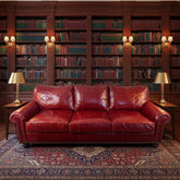 Henredon Red Leather Sofa with Nail Head Detail, Rolled Arms and Turned Legs, Sku 033631