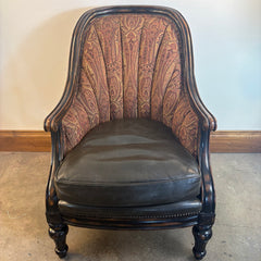 Pair of Vanguard Leather & Paisley Fabric Club Chairs w/ Nailhead Detail & Ebonized Finish, Sku 033715