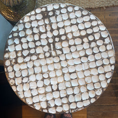Drum Style End Table with White and Beige Geometric Carved Pattern Construction, Sku 033834