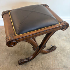 Mahogany & Leather Footstool w/ Nailhead Trim, Sku 033845