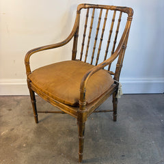 Faux Rattan Armchair with Spindle Back and X Base Stretcher Cognac Leather Pads, Sku 034151