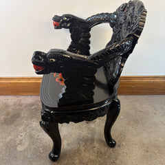 Vintage Japanese Carved Wood, Lacquer Finish Arm Chair, Hand Painted Dragon Motif, Meiji Period, Sku 033517