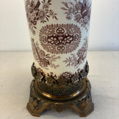 Antique Table Lamp Brown Transferware Porcelain with Elaborate Brass Filagree Detail Double Socket, Sku 034120