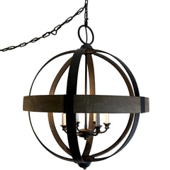 Pendant Light, 6 Candle Lights, Rustic Wood and Metal Globe, Sku 033761