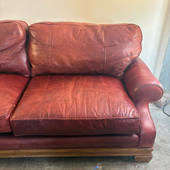 Stanford Leather Sofa in Rustic Oxblood Color Rolled Arms on a Plinth Style Base Sku 033888