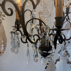 Antique French Six Arm Bronze & Crystal Chandelier w/ Clear & Mocha Colored Crystals, Sku 033733