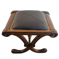 Mahogany & Leather Footstool w/ Nailhead Trim, Sku 033845