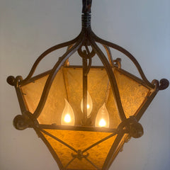 Pendant Light Hexagonal Metal Structure Amber Glass Bronze Finish Gold Accents, Sku 034156