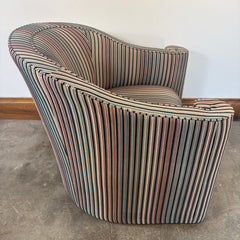 Pair of Vintage Casa Bique Neo Classical Style Arm Chairs, Cut Velvet Striped Upholstery Black, Beige, Blush, Aqua, Scrolled Arm Detail, Great Condition, Chairish Price $1810 Each, Sku 033475