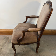 Sanded Leather Chair with Cheetah Spot Upholstery Cabriole Leg Style, Damage on Seat, Sku 033355. Another Undamaged Chair Available, Sku 033354