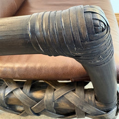 Palecek Arm Chairs Rattan and Woven Natural Material Loose Cushions in Supple Brown Leather, Sku 033804