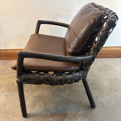 Palecek Arm Chairs Rattan and Woven Natural Material Loose Cushions in Supple Brown Leather, Sku 033804