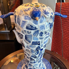 Mosaic Delft Pottery Table Lamp Teapot and Bird Motif with White Square Silk Shade, Sku 033842
