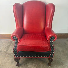 TLSC TEXAS Custom Upholstered Wing Chair and Ottoman Contrasting Red and Black Leather, Sku 033313