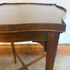 Pair of Vintage English Wood Tea Tables Scalloped Top, X Base, Tall Slender Legs, Sku: 033650