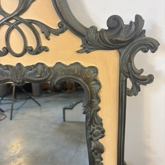 Antique French Renaissance Revival Style Wall Mounted Console Table and Mirror, Verdigris Finished Metal, Table Surface is Faux Stone, Sku 033516