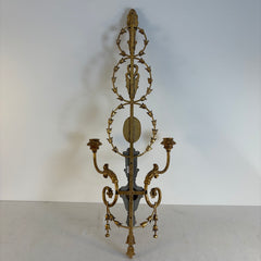Pair of Italian Gilt Wood & Iron Twin Branch Wall Candle Sconces, Sku 033833