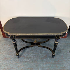 Black & Gold Italian Desk, Leather Top, Pencil Drawer, Elaborate Detailing, Base Stretcher, Finial Detail, Sku 034059