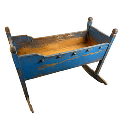 Primitive Wood Baby Cradle with Time Worn Blue Paint, Sku 033672