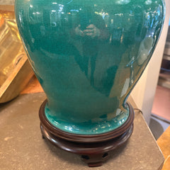 Vintage Table Lamp, Emerald Crackle Glaze, Porcelain, Asian Style Base, Sku: 033411