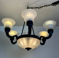 Corbett Chandelier, Six Arm, Bronze and Copper Frame, Frosted Glass Shades, Sku: 032980