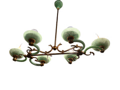 Vintage Chandelier, Italian Murano Glass and Vintage Brass Frame  Six Light, Green Glass, Sku 033039