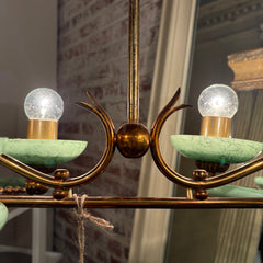 Vintage Chandelier, Italian Murano Glass and Vintage Brass Frame  Six Light, Green Glass, Sku 033039